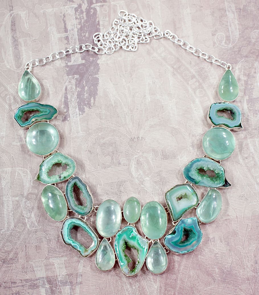 silver-colored necklace, teal gemstones, Apatite, Stone, Necklace, Aqua, green, druzy, drusy, jewelry