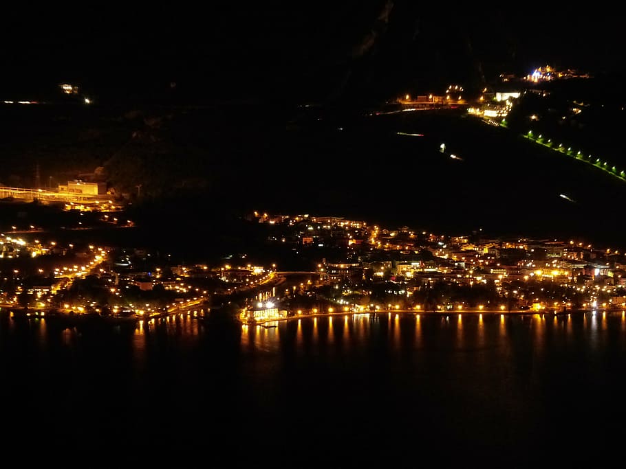 torbole, at night, coast line, illuminated, city, lights, mouth, estuary, sarca, night