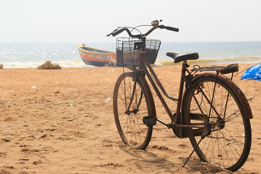 praia, ciclo, verão, mar, bicicleta, areia, terra, de praia, transporte, agua