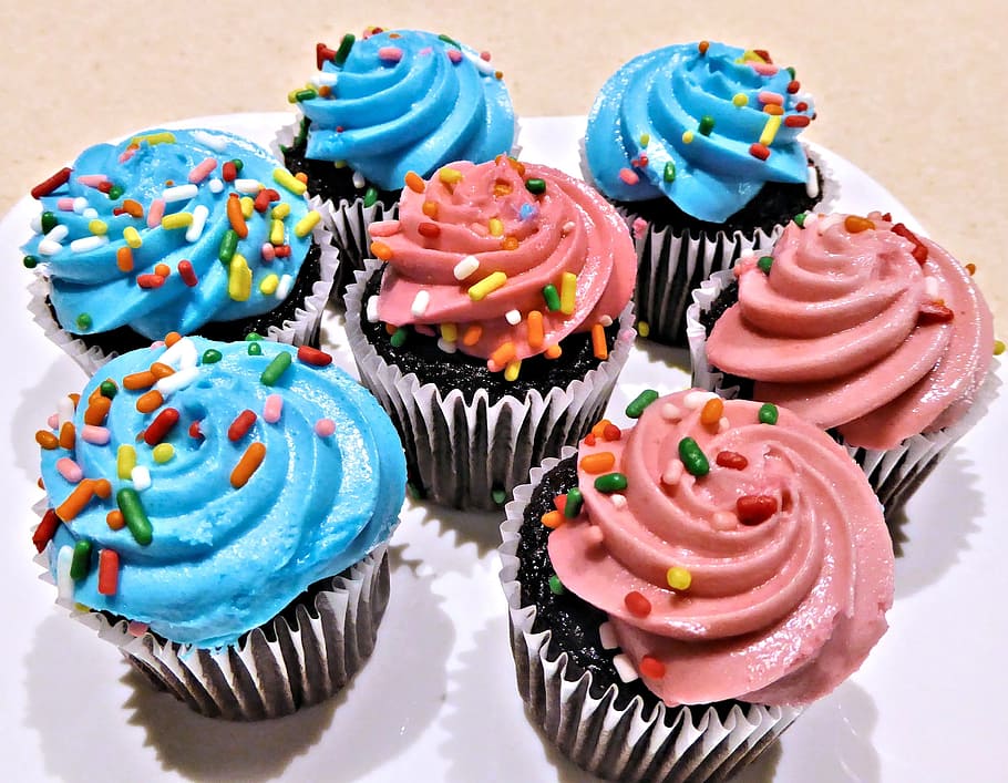 seven, cupcakes, sprinkles, plate, chocolate mini cupcakes, blue pink frosting, sweet, food, cupcake, dessert