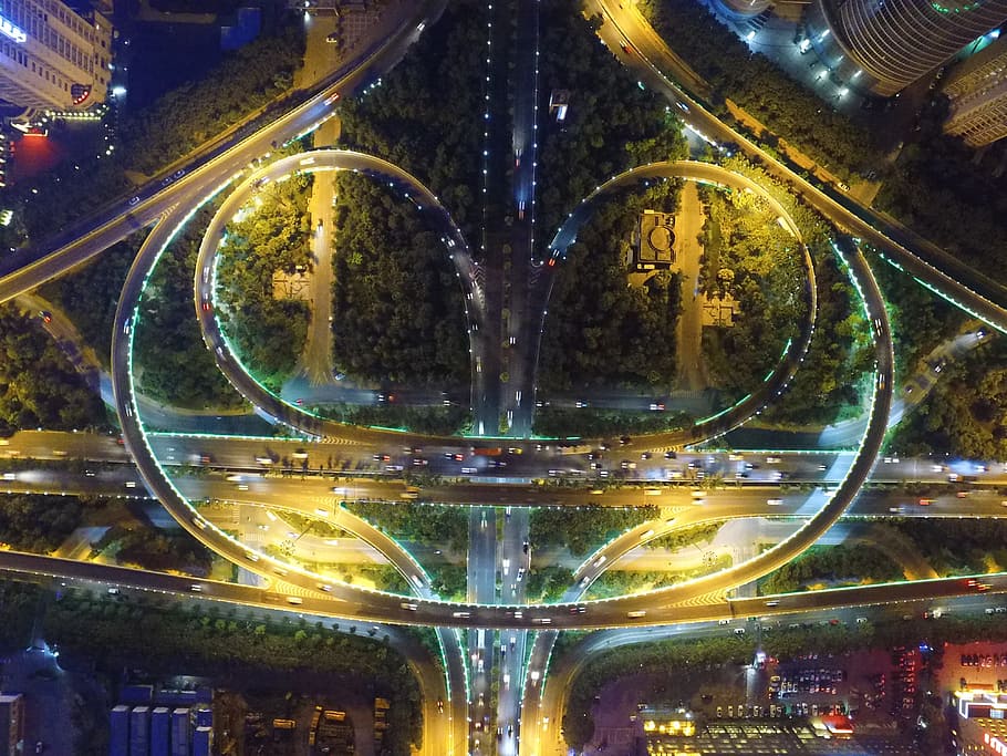 Xi'An, Xian, Dji, weiyang road interchange, aerial, night, architecture, traffic, cityscape, street