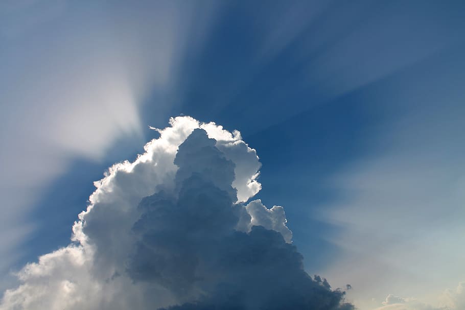 white, clouds, blue, sky, cloud, blue sky, space, rays of sunshine, ray of light, backlight