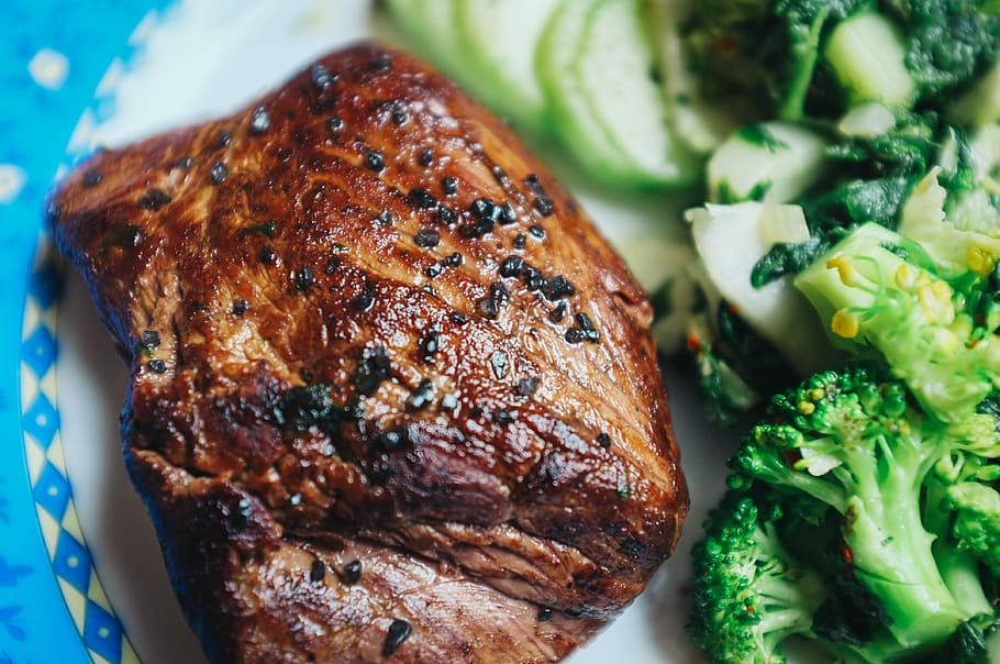 hitam, garam, tutup, steak daging sapi, garam hitam, close up, daging sapi, brokoli, hijau, sehat