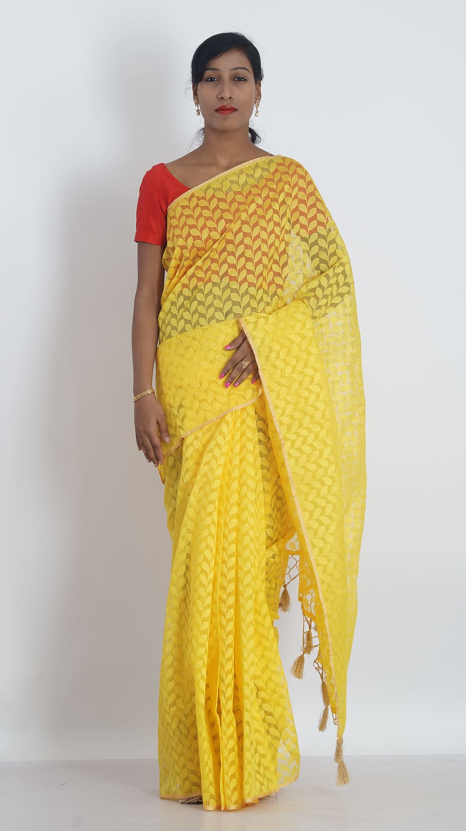 サリー, 黄色, レディース, 着る, 黄色サリー, 婦人服, インドの服, 伝統的, 立っている, 一人