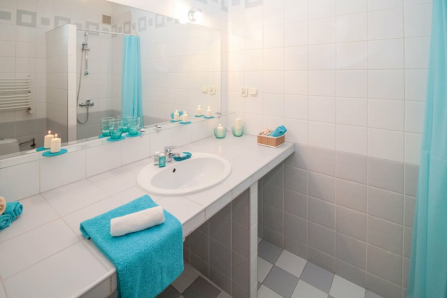 blue, towel, white, ceramic, sink, bathroom, mirror, apartment, room, house