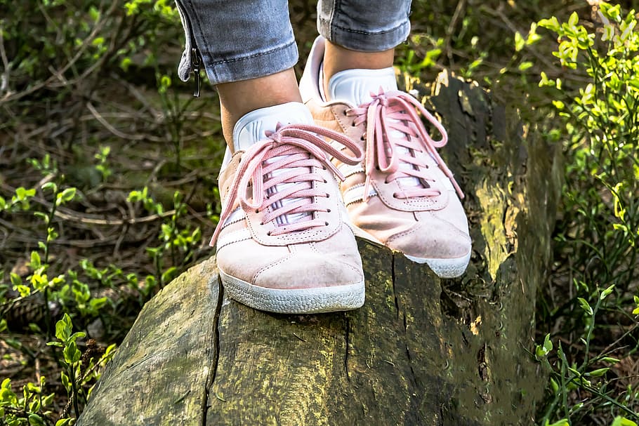 person, wearing, pair, pink, low-top sneakers, shoes, girls shoes, sneaker, suede, sneakers