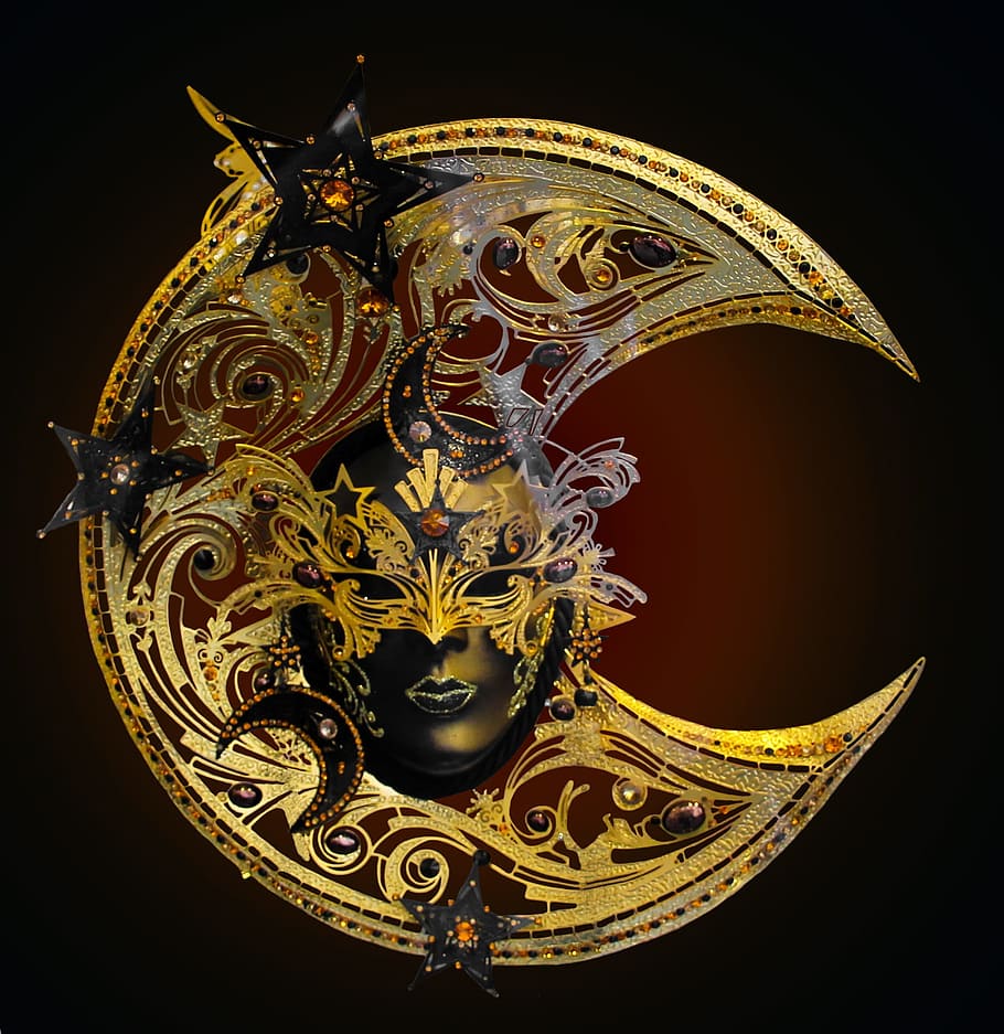 gold crescent moon, carnival, venice, mask, carneval, art and craft, black background, gold colored, studio shot, craft