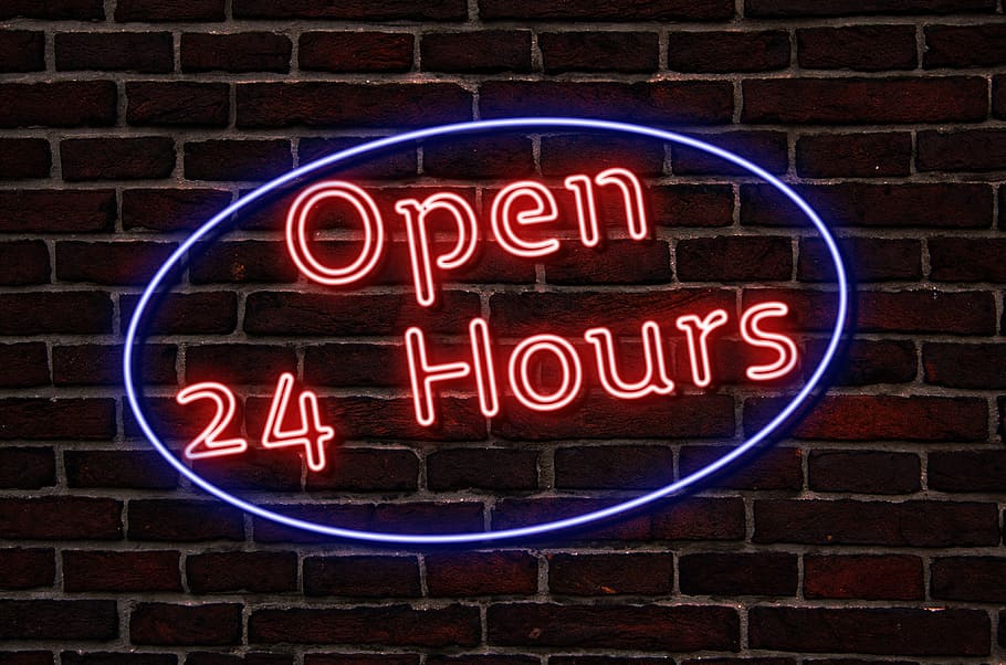 open, 24 hours neon signage, neon, neon sign, the text of the, 24 hours, lamp, the effect of, text, communication