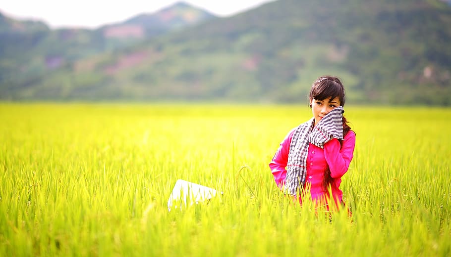 woman, pink, coat, grass field, countryside, asian girl, girl, asian, female, people