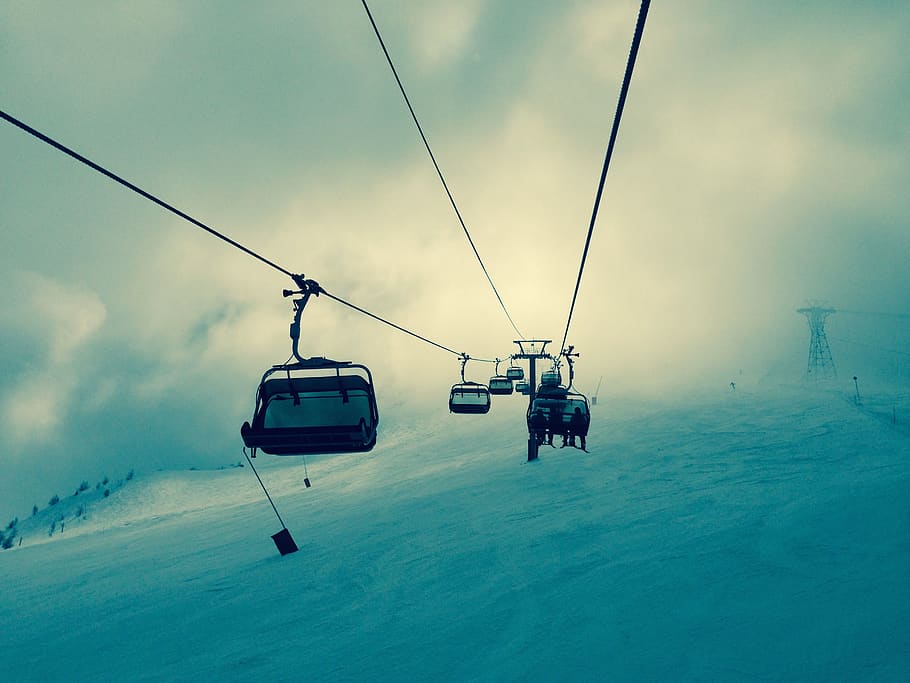 sky, clouds, mountains, winter, cold, snow, ski, snowboard, sports, chairlift