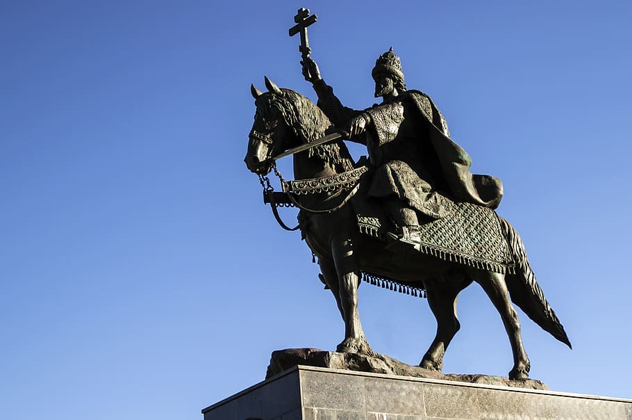 ivan the terrible, monument, tsar ivan the terrible, on a horse, cross, sword, horse, formidable, character, serious