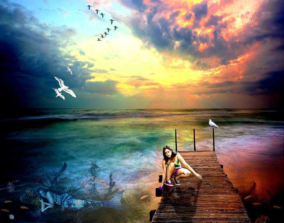 woman, sitting, dock, bird, golden, hour, photoshop, photo manipulation, mermaid, girl