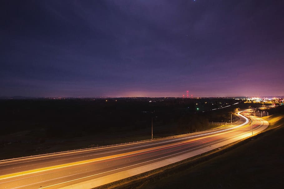 time lapse photography, vehicles, traveling, road, night, purple, sky, dusk, evening, highway