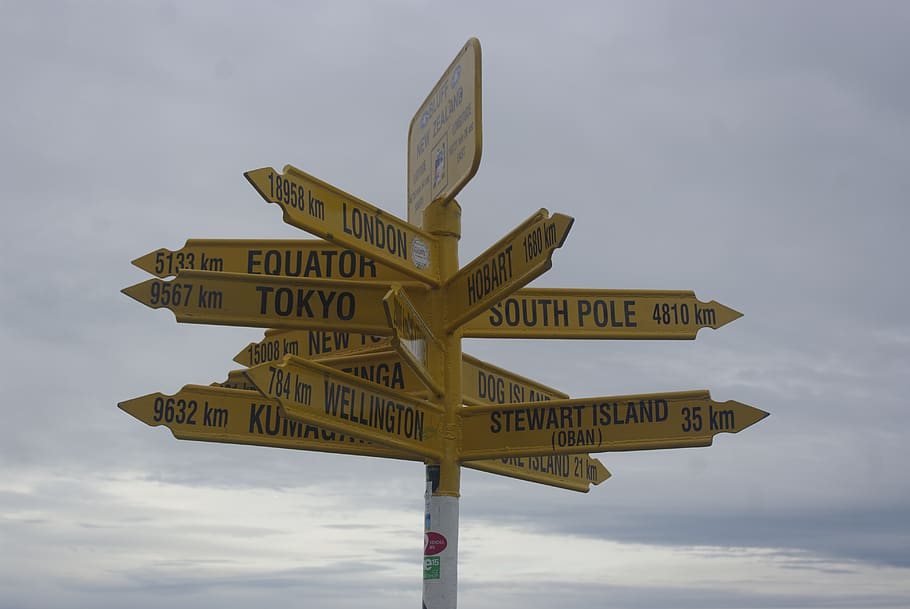 new zealand, directions, confusing, bluff, signpost, guidepost, sky, sign, cloud - sky, communication