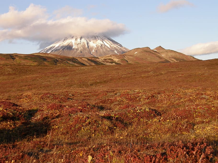 autumn, mountains, volcano, the foot, tundra, clouds, fall colors, grass, sky, foliage