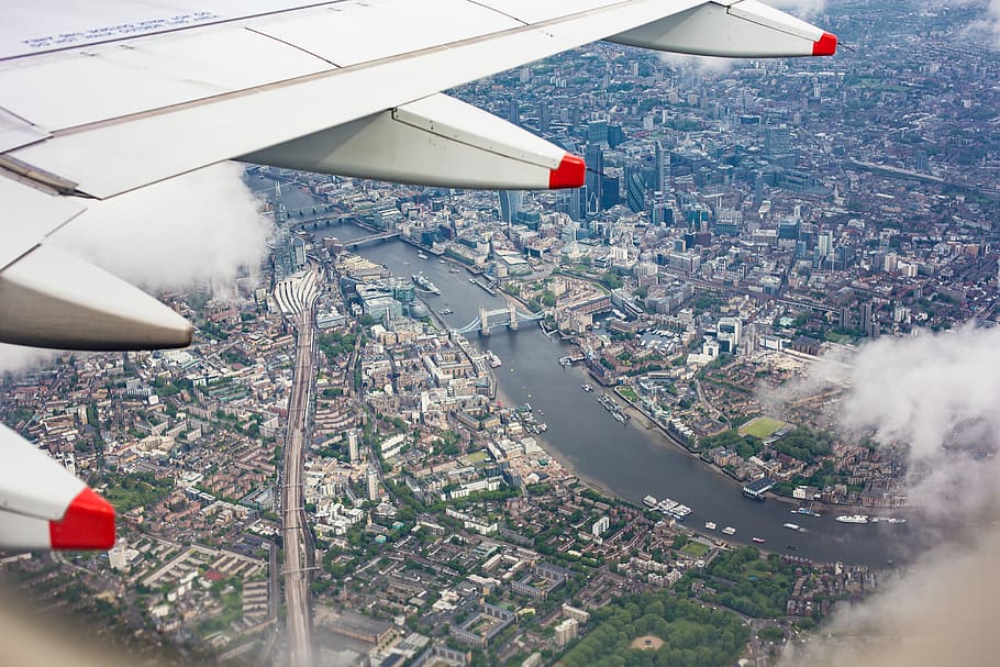 airplane window, Center, London, UK, Airplane, Window, airplanes, britain, city, clouds