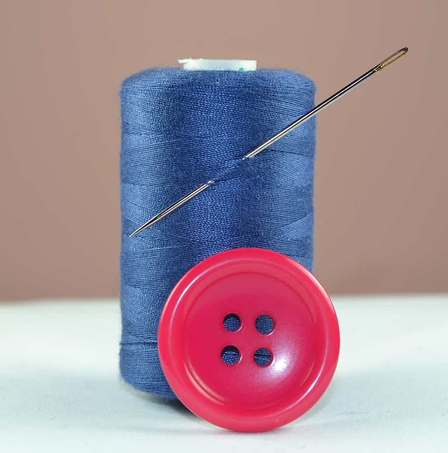 blue, thread, red, botton, button, needle, sewing, spool of thread, colored background, healthcare and medicine