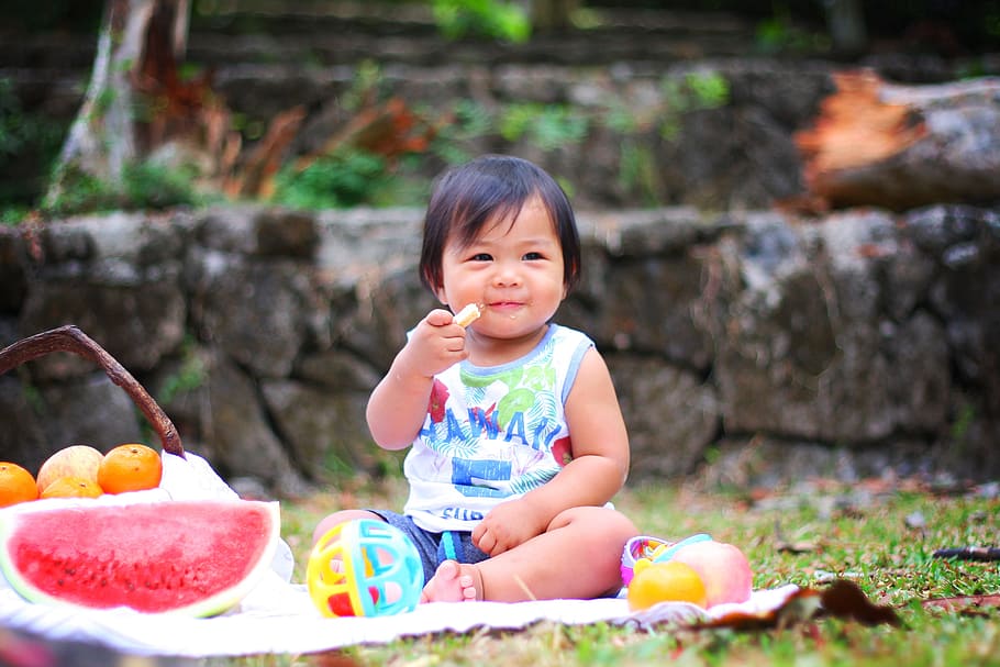 girl, sitting, mat, fruit, basket, picnic, baby, eating, cute, child