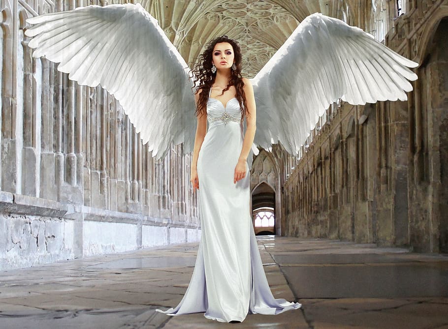 mujer ángel, vistiendo, blanco, vestido, ángel, virgen, diosa, pureza, religión, simbolismo