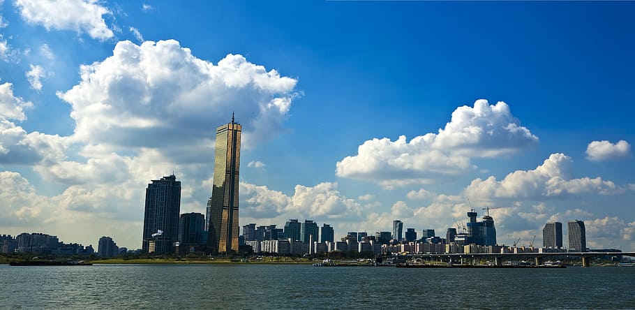 ciudad, nubes, durante el día, paisaje, río Han, Seúl, cielo, río, nube, edificio