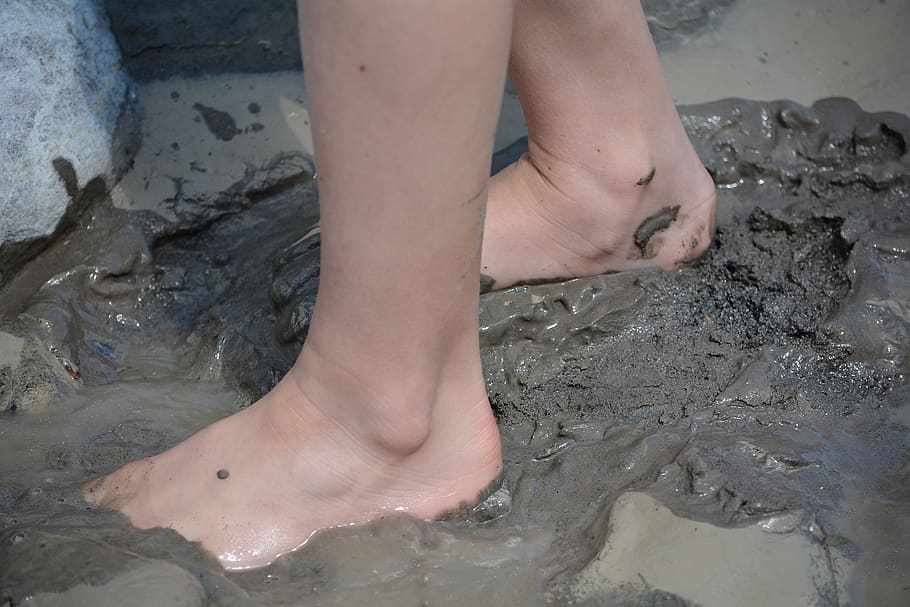 feet, mud, barefoot, close up, low section, human leg, body part, real people, human body part, water
