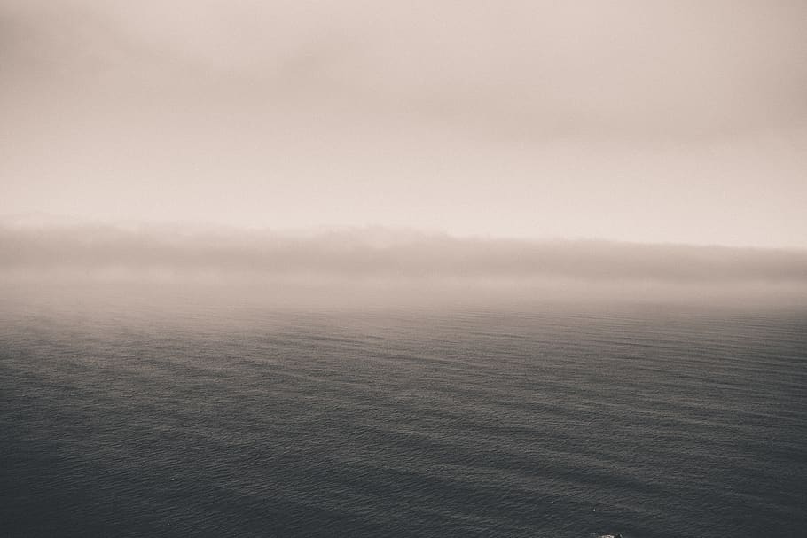 oceano, mar, calma, horizonte, azul, nevoeiro, enevoado, nublado, nebuloso, tempo