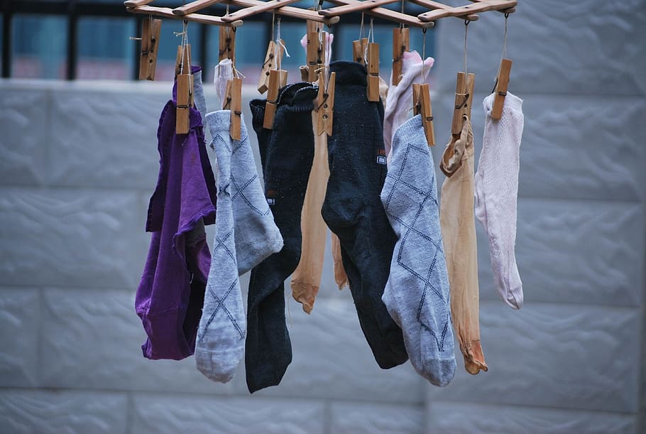 shallow, focus photography, assorted, hanging, brown, wooden, clothes pin, Sock, Socks, Laundry