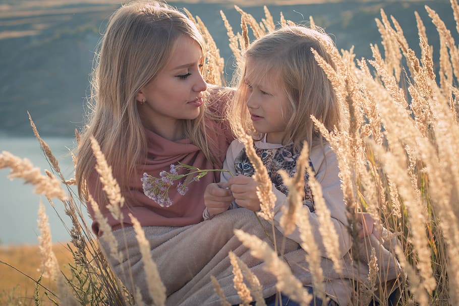 blonde, haired woman, child, sitting, wheat field, daytime, woman, pink, toddler, white