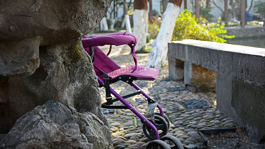 Childlike, Stroller, Hide, bicycle, pink color, transportation, wheel, outdoors, day, focus on foreground