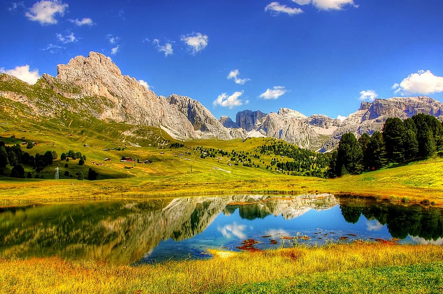 abu-abu, formasi batuan, badan, air, hijau, bidang rumput, dolomit, gunung, alpine, italia