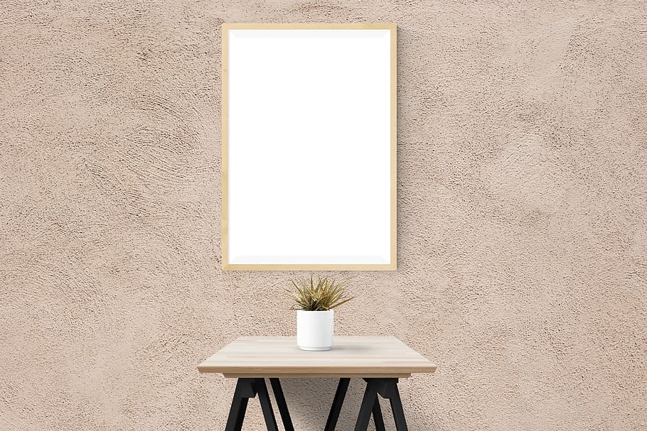 white, wooden, framed, mirror, brown, console, table, poster, mockup, decor
