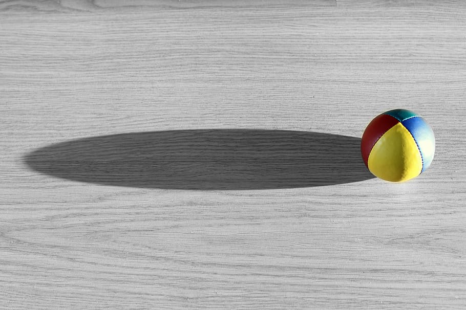 yellow, red, blue, ball, gray, wooden, surface, color, paul, shadow