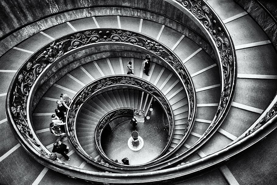 grayscale photography, spiral staircase, vatican, staircase, graphics, rome, stairway, stairs, geometry, black and white