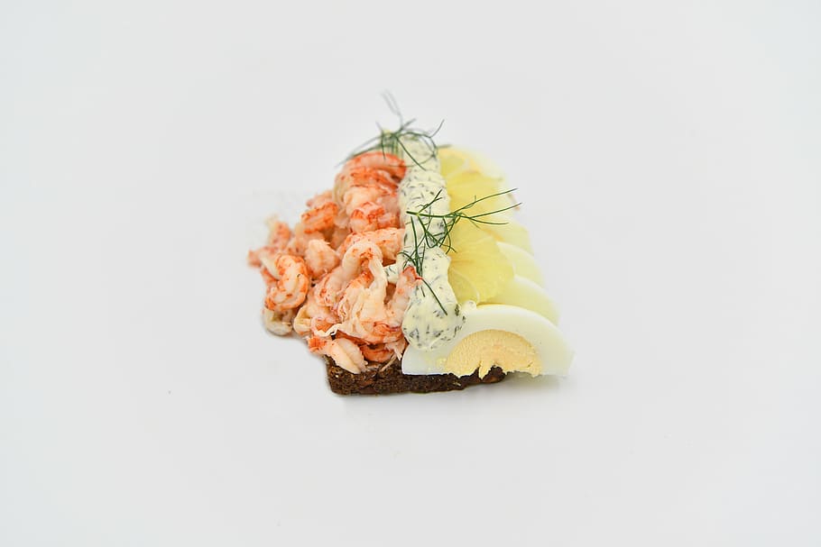 food, crayfish, refreshments, dining, lemon, eggs, dressing, dill, rye bread, open-faced sandwiches