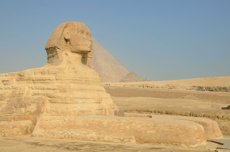 great, sphinx, giza, egypt, daytime, desert, egyptian temple, pyramids, hieroglyphs, camels