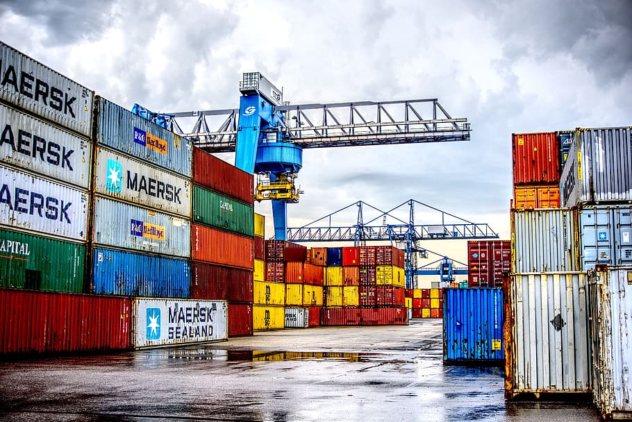 assorted-color, intermodal, container, stacked, taken, daytime, port, loading, container terminal, container handling