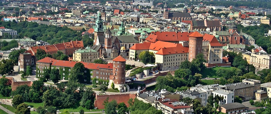 aerial, photography, building, houses, kraków, poland, wawel, castle, monument, architecture