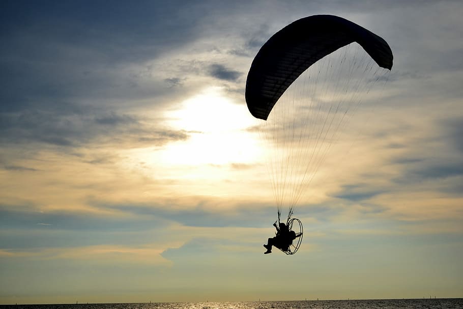 silhouette, sunset, sky, paramotor, nature, background, flight, sport, adventure, paragliding