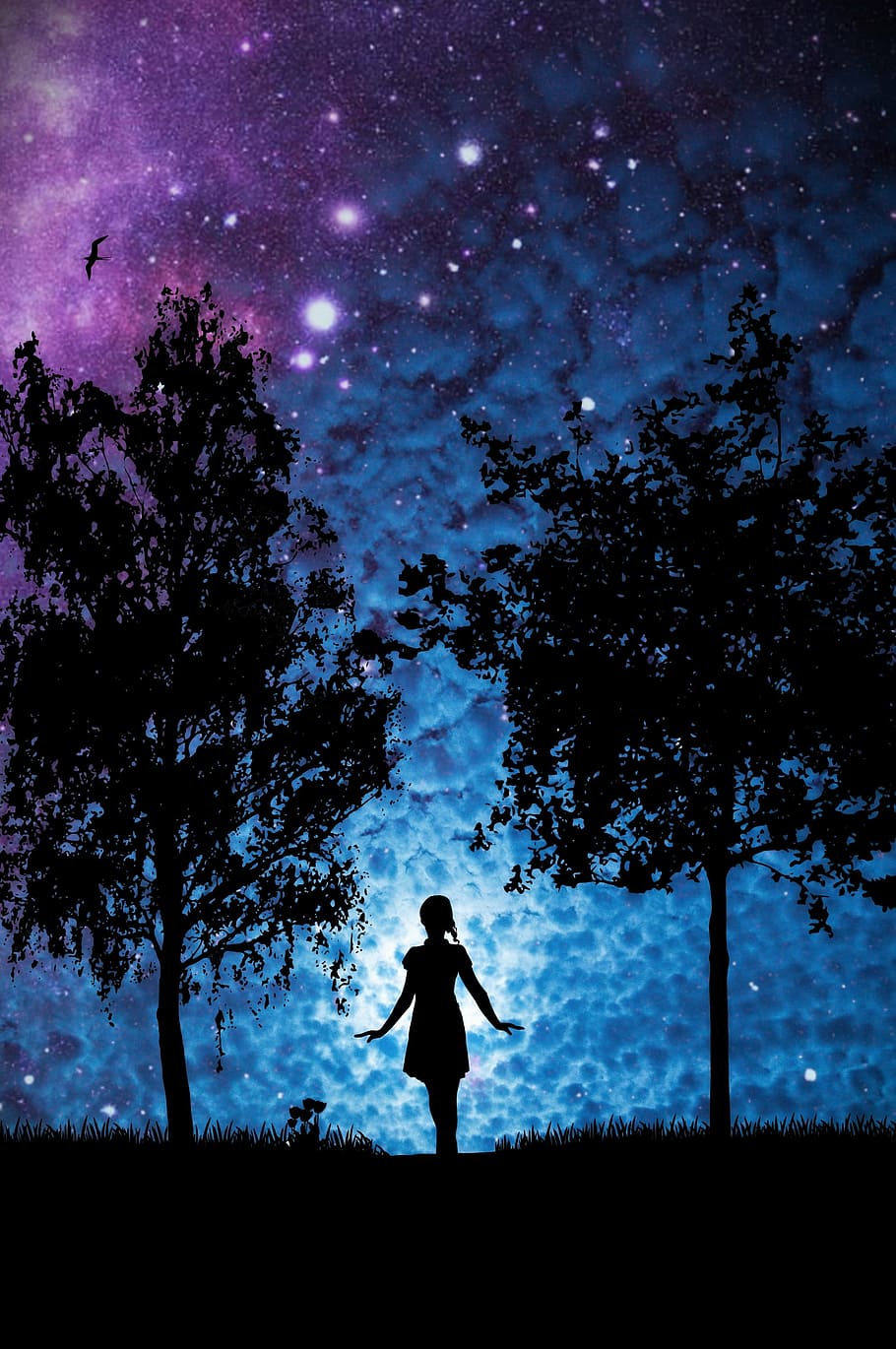 untitled, star, woman, trees, silhouette, girl, light, mystical, sky, clouds