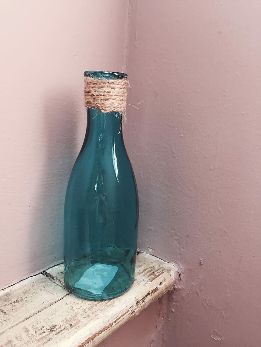 Wall, Bottle, Wood, Glass, Home, blue, glass, home, rustic, cork - stopper, indoors