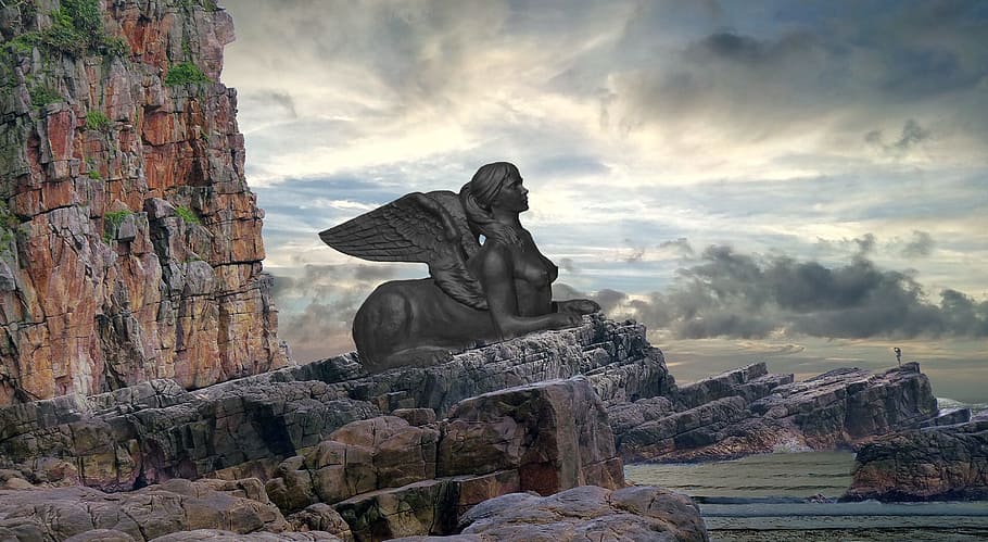 mujer, estatua de alas, esfinge, piedra, viajar, naturaleza, cielo, figura de piedra, pedregoso, escultura