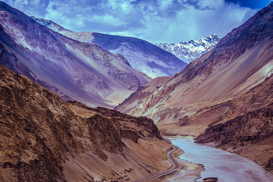 Marrón, cañón, río, montañas, Leh, Ladakh, India, Cachemira, cielo, paisaje