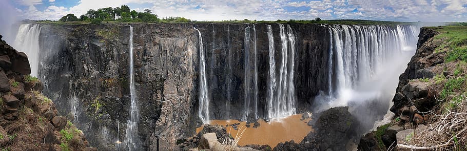 滝のパノラマ写真, アフリカ, ジンバブエ, ビクトリアケース, 自然, 国立公園, 滝, パノラマ, 水, 風景-自然