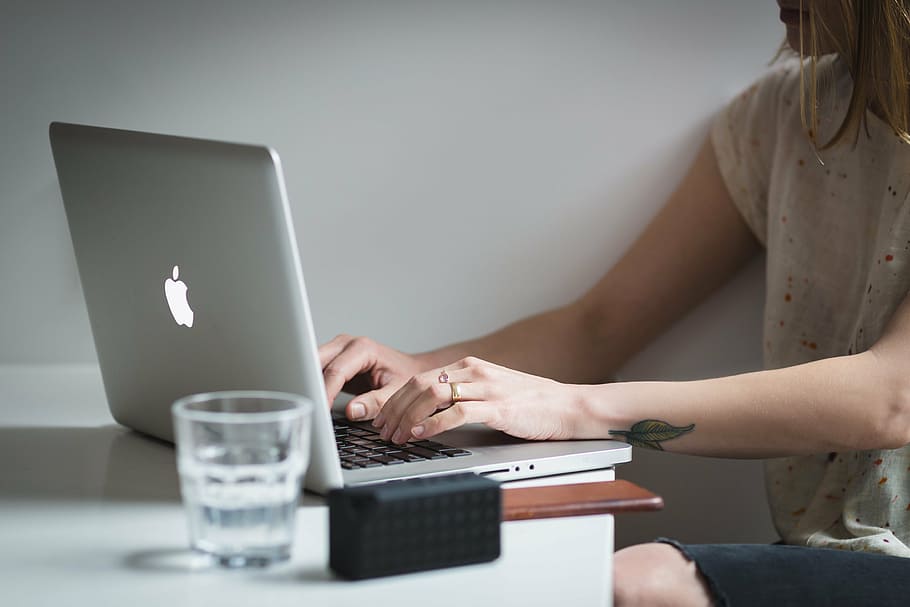 woman, using, macbook, pro, laptop, apple, computer, browser, research, school