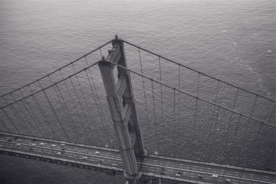 foto udara, skala abu-abu, jembatan, foto, penuh, suspensi, Jembatan Golden Gate, San Francisco, hitam dan putih, arsitektur