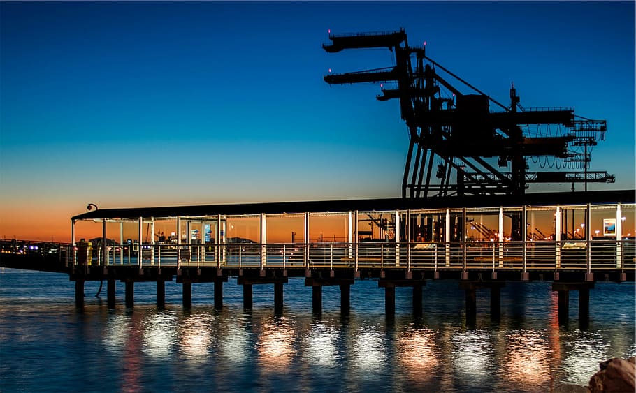 silhouette, bridge, nighttime, black, dock, roof, pier, ferry, water, dusk