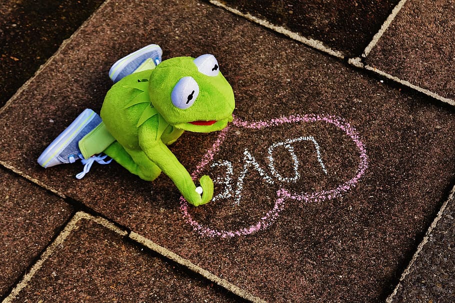 frog, plush, toy, written, love, surface, straßenkreide, valentine's day, kermit, heart