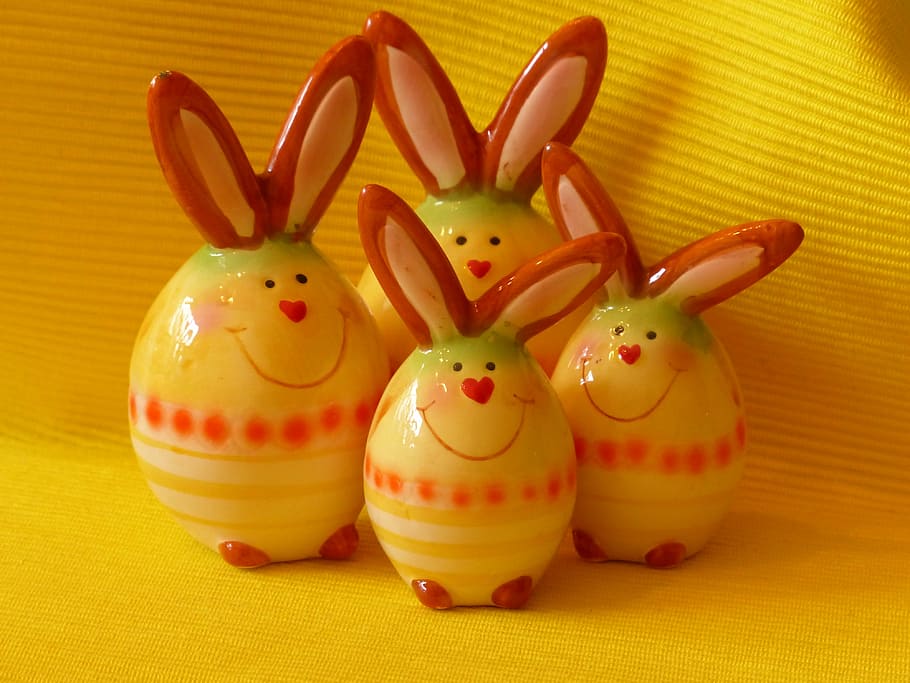 four, rabbit-themed, ceramic, decors, hare, easter bunny, figure, porcelain, sound, colorful