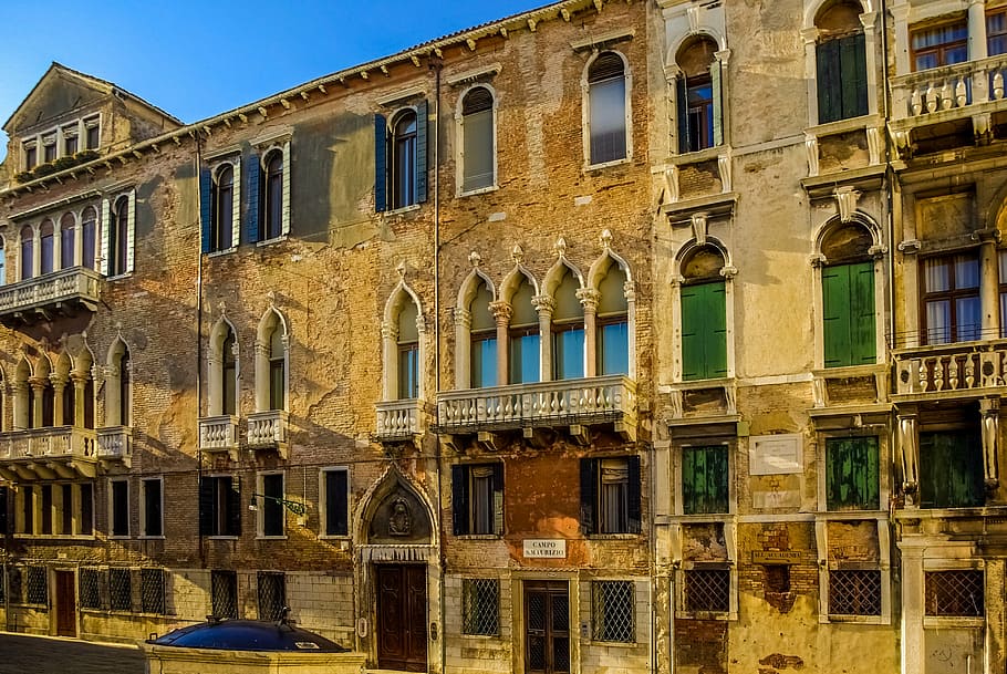 Veneza, construção, fachada, arquitetura, veneziano, itália, pôr do sol, janela, construção Exterior, velho