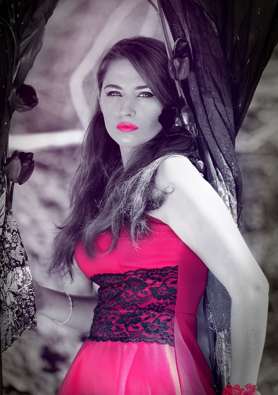selective, color photography, woman, wearing, red, top, girl, photo manipulation, retouch, garden